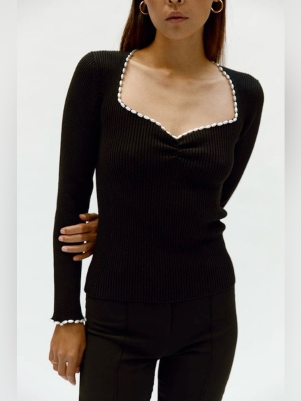Musier Paris Mila Sweater, Black and Pearl Trim, FR34/US 0/2/XS/S